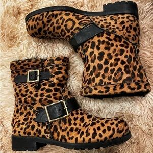 JIMMY CHOO | Leopard Print Pony Hair Fur-Lined Moto Boots | Women’s Size 37